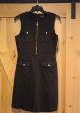 Tahari Arthur Levine Gauze Sz 10 Woven Black Zip Pockets Dress Corpgoth Preppy