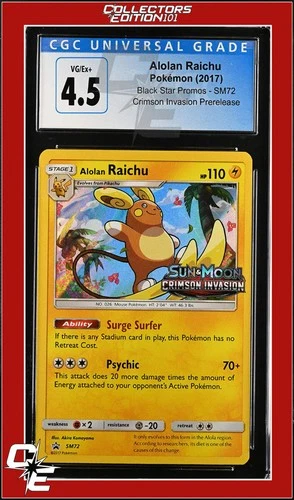 SM Black Star Promo Alolan Raichu SM72 Crimson Invasion Prerelease CGC 4.5