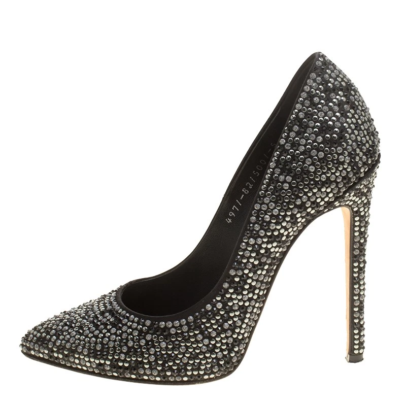 Gina Black Satin Anais Crystal Embellished Pumps Size 38 - Image 2 of 4
