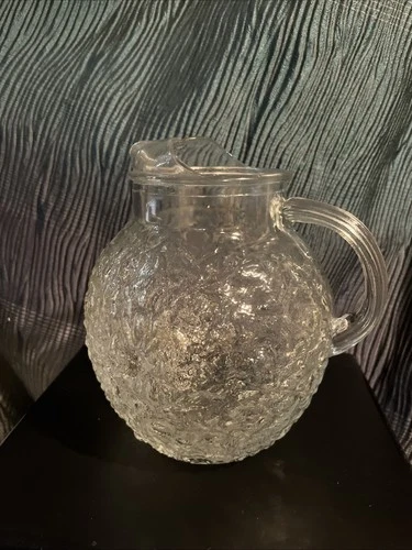 Vintage Anchor Hocking Lido Milano Clear Crinkle Glass Ball Pitcher Ice Lip