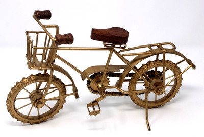 Vtg Metal Bicycle Model Gold Tone Wood Seat Basket Working Chain Wheels Decor