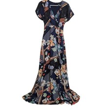 Lulus Aleta Navy Blue Print Short Sleeve Surplice V-neck Maxi Dress Size M Party