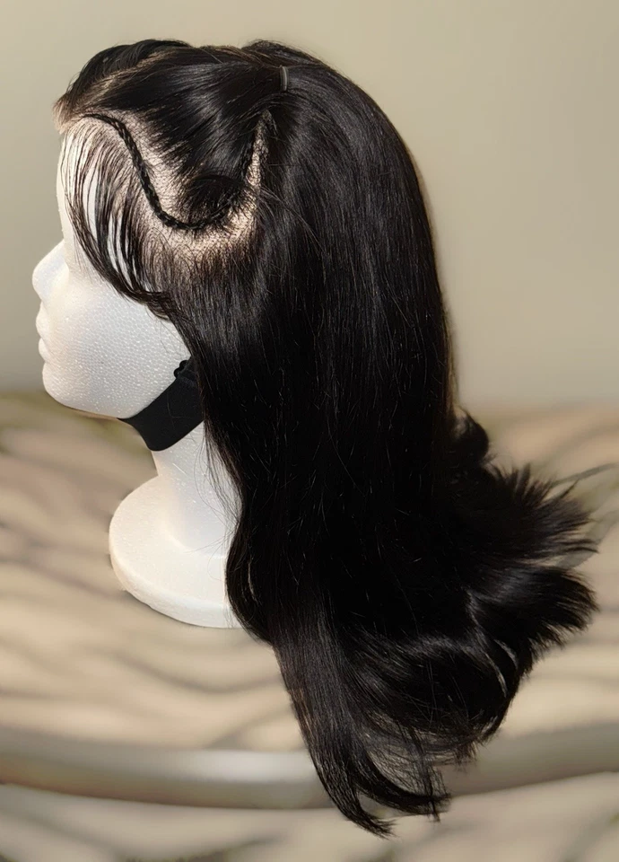 Hermosa peluca 100 % cabello humano, negro azabache, estilo recto con 2 trenzas en el frente Foto 3 de 4