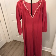 Vtg 70s Vanity Fair Red Nylon Antron III Nightgown Maxi L/S Lace Trim Med Lounge