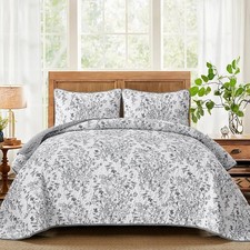 Quilt King Size, Grey Quilt Bedding Set with 2 Pillowcases, Botanical Quilt for