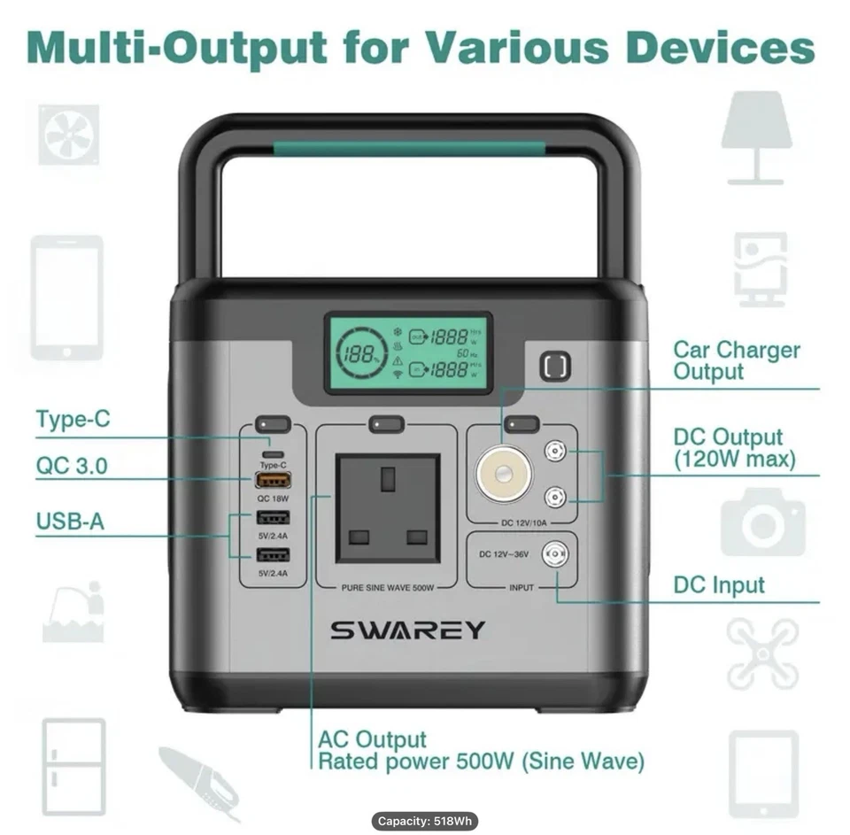 SWAREY Portable Power Station S500 518Wh 230V/1000W Solar Power Generator Supply - Image 4 of 4