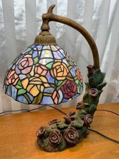 Stained Leaded Glass Vintage Tiffany Style Table Lamp Rose Bush Base 19"
