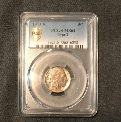 1913-S BUFFALO NICKEL GOLD SHIELD PCGS MS64 TYPE 2 RARE COIN!!