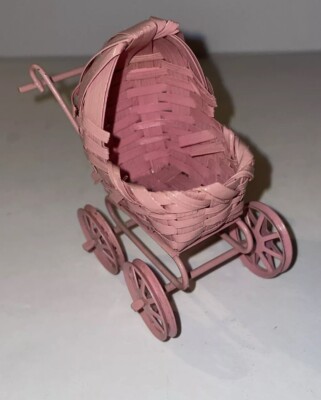 Dollhouse Pink Wicker & Metal Miniature Stroller Carriage Buggy Pram 3x3x1.5 