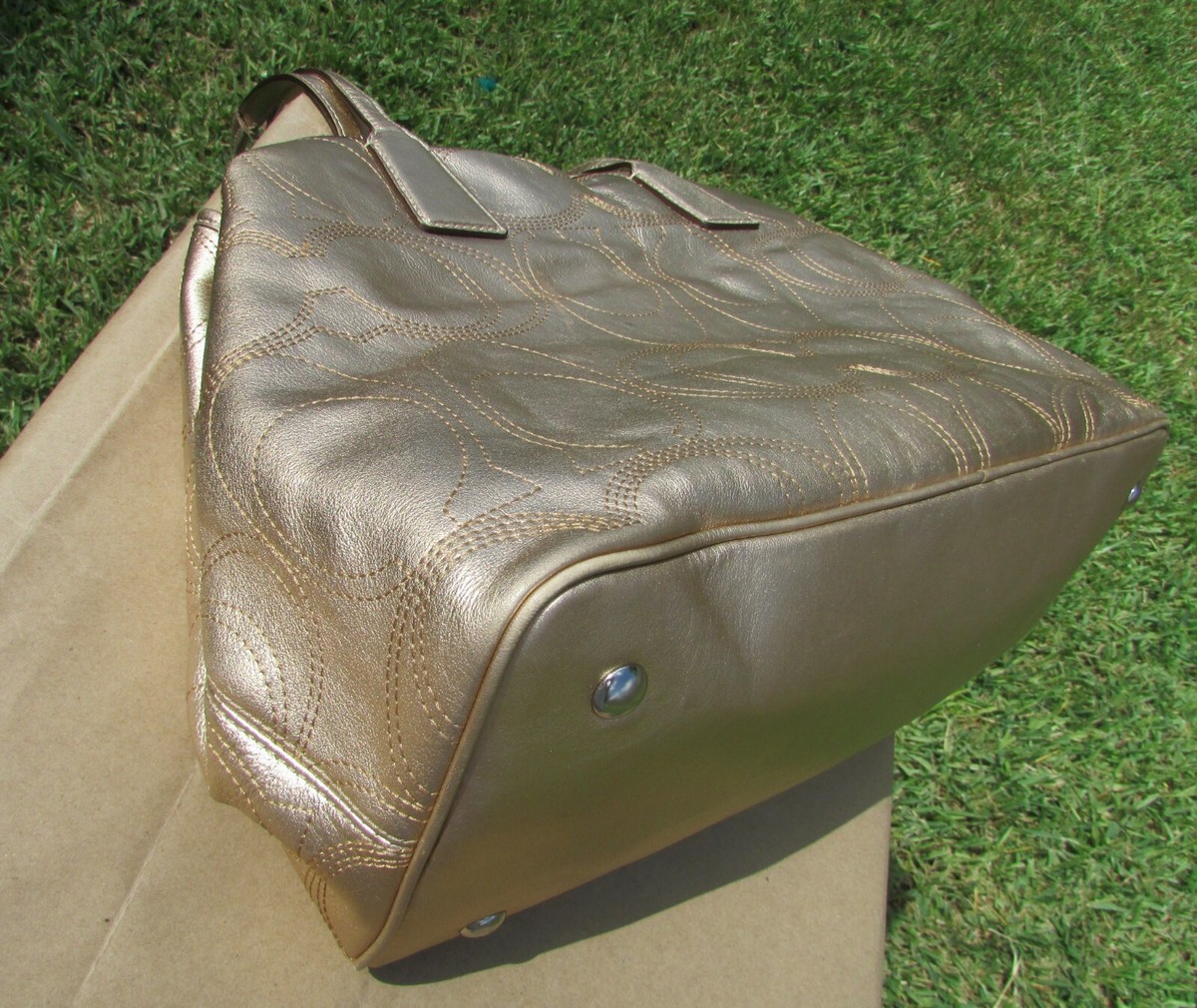 Coach Gold Metallic Leather Signature Stitched Satchel Shoulder
