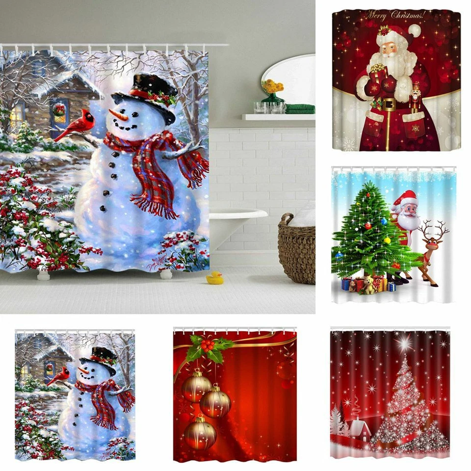 Navidad Papá Noel Muñeco de Nieve Baño Cortina de Ducha Impermeable Navidad Decoración 12 Ganchos Foto 2 de 4