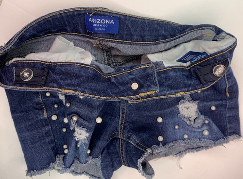 Arizona Girls Jean Shorts Size 12 Pearls Gem Distressed Cut Off Adjustable Waist - Imagen 12 de 15
