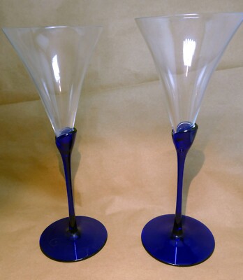 2 COLONY Glasses Flutes Wine Champagne Amaryllis Stem Cobalt Blue 9.6'' tall set