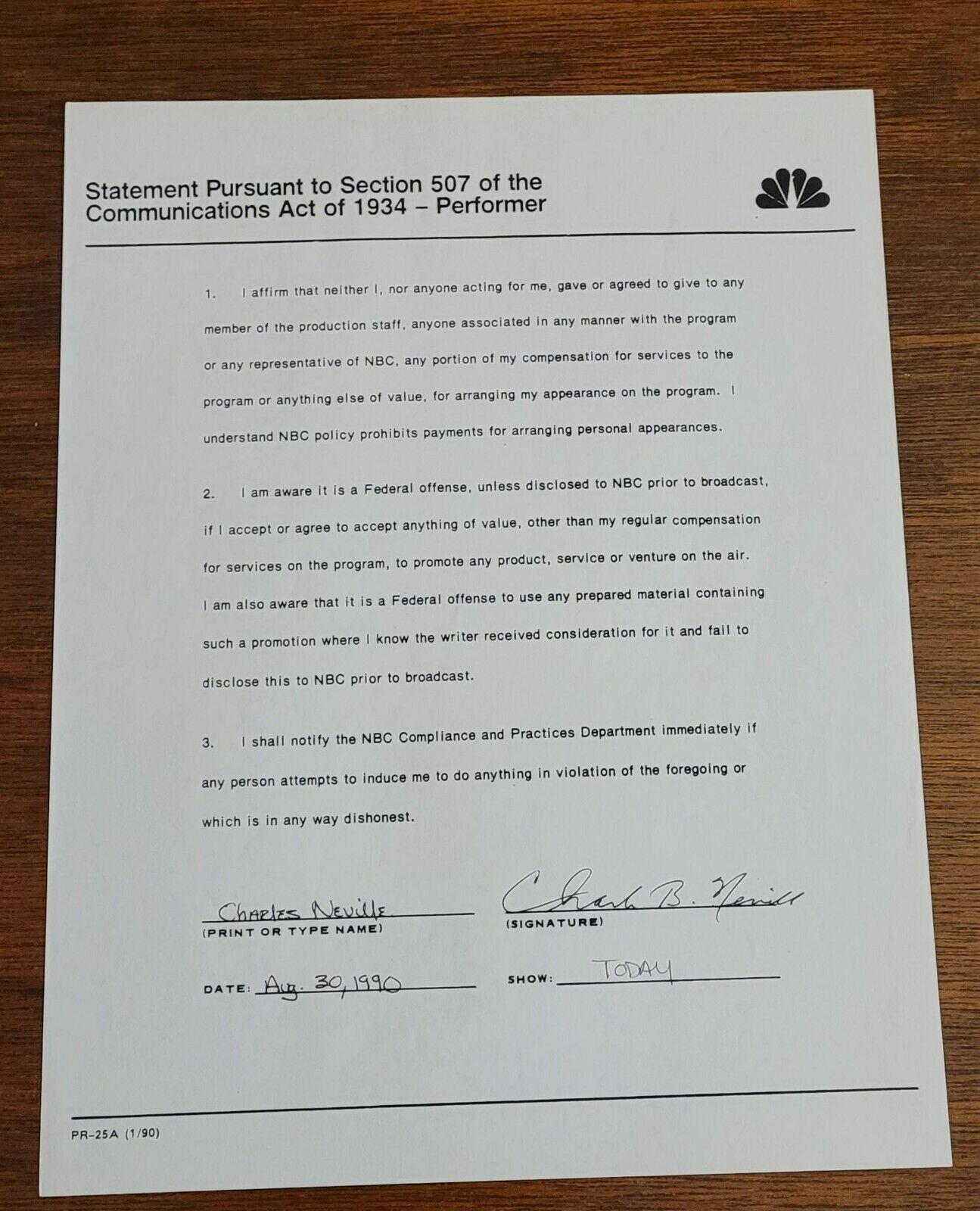 1990 MUSIC CONTRACT SIGNED RARE NBC AUTOGRAPH CHARLES NEVILLE TODAY SHOW