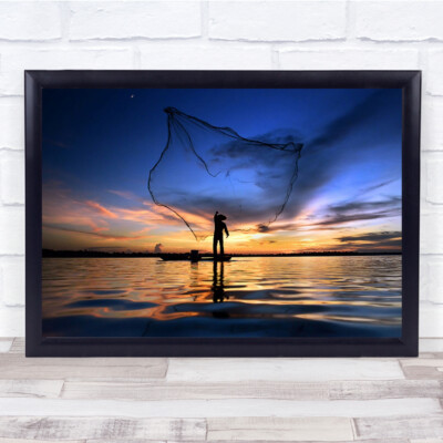 Netz Fischer Fisch Boot Marine Sonnenuntergang Überwurf Wandkunstdruck