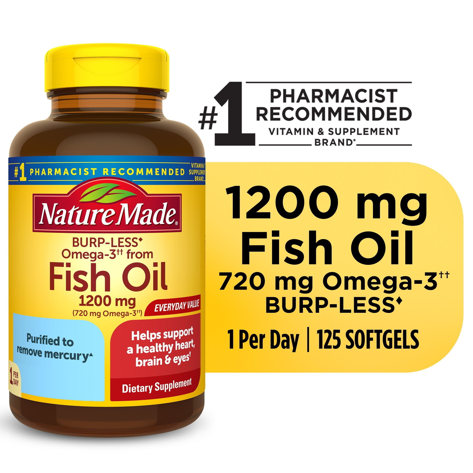 Nature Made Burp Less Omega 3 Fish Oil 1200 mg Softgels, Fish Oil , 125 Count