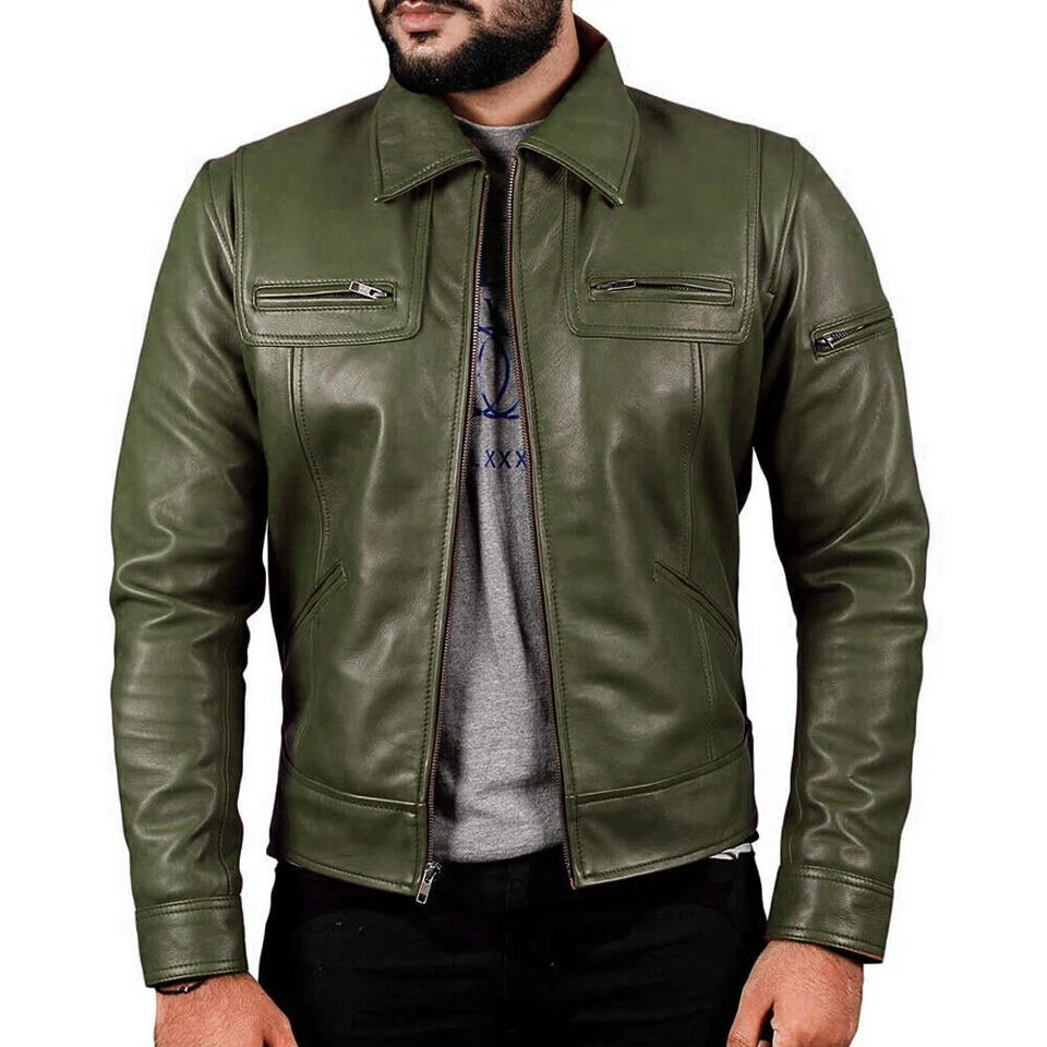 Veste En Cuir D'agneau Motard Militaire Vert - Homme - Style Vintage Fait Main - Taille Variable