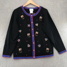 The Quacker Factory Sweater Womens Large Black Button Up Cardigan USA Patriotic