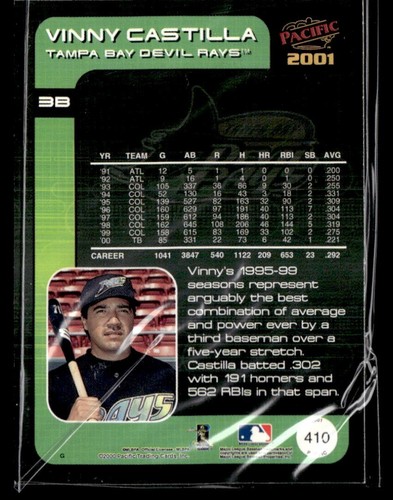 2001 PACIFIC PREMIERE DATE PARALLEL BLANK SERIAL #410 VINNY CASTILLA 1/1 - Picture 2 of 2
