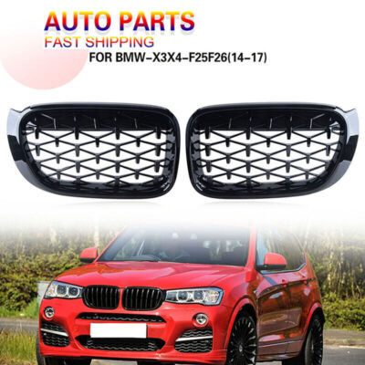 1Pair Black M Sport Front Diamond Grill Grille for BMW X3 X4 F25 F26 2014-2018