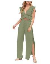 Womens 2 Pieces Outfits Deep V Neck Crop Top Side Slit X-Large Olive Green