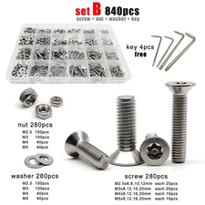 270/840pcs SS304 Torx Flat Countersunk Head with Pin Security Screw Bolt Set Kit
