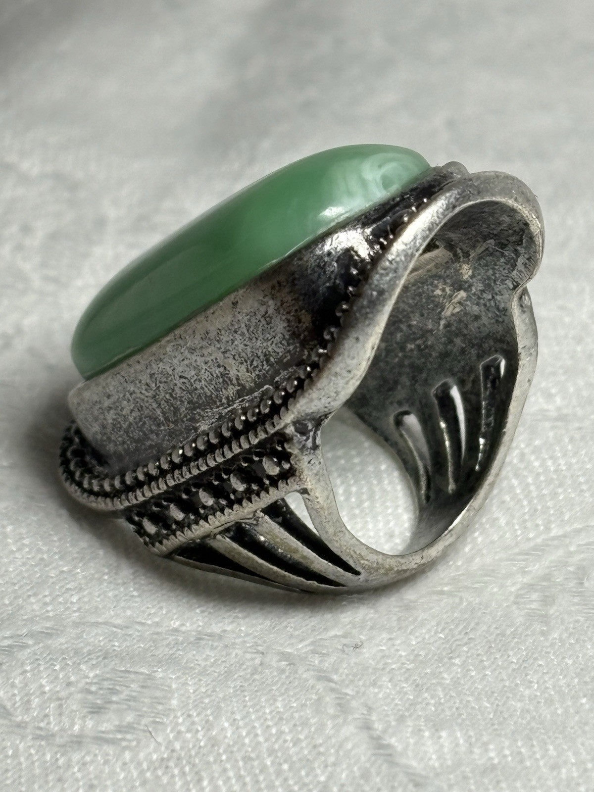 Silver Tone Jade Green Statement Ring - image 7