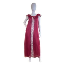 1970s Raspberry Pink Lace Chiffon Nightgown Vintage Maxi Lingerie