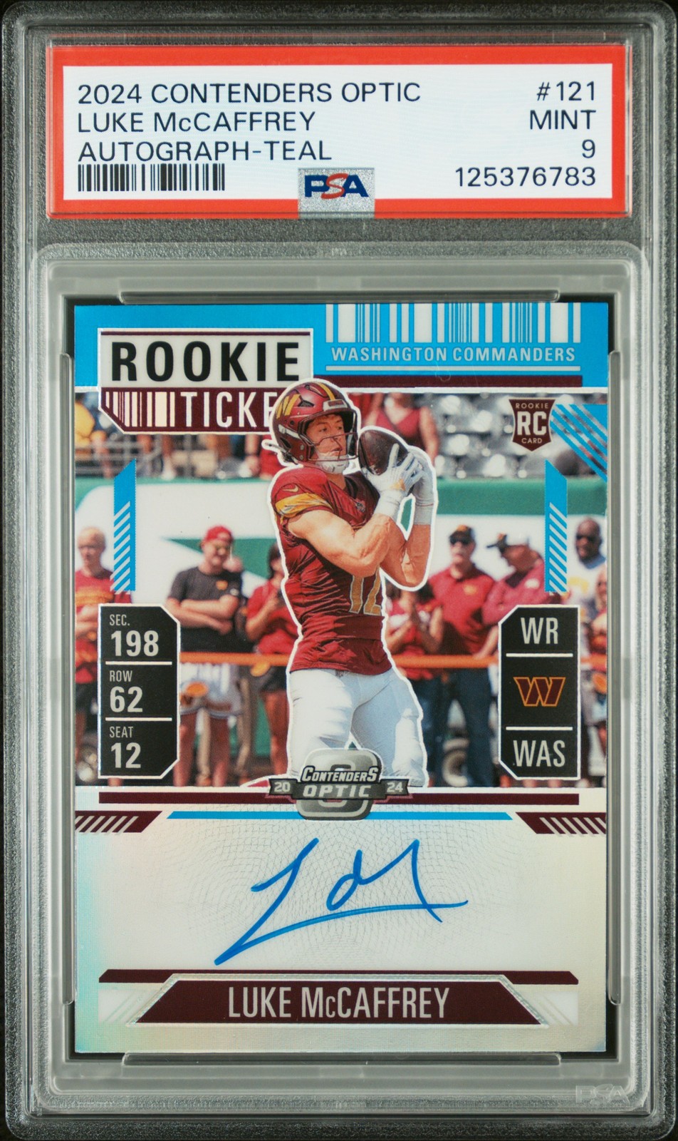 Luke McCaffrey Panini Contenders Optic #121 Autograph Teal