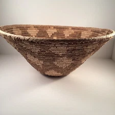 Large African Woven Coil Basket 13” X 5.5” Geometric Brown & Tan Bowl