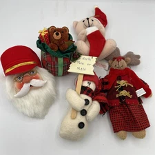 Vintage Lot Of 5 Christmas Ornaments Plush Assorted Moose Santa Snowman Bear