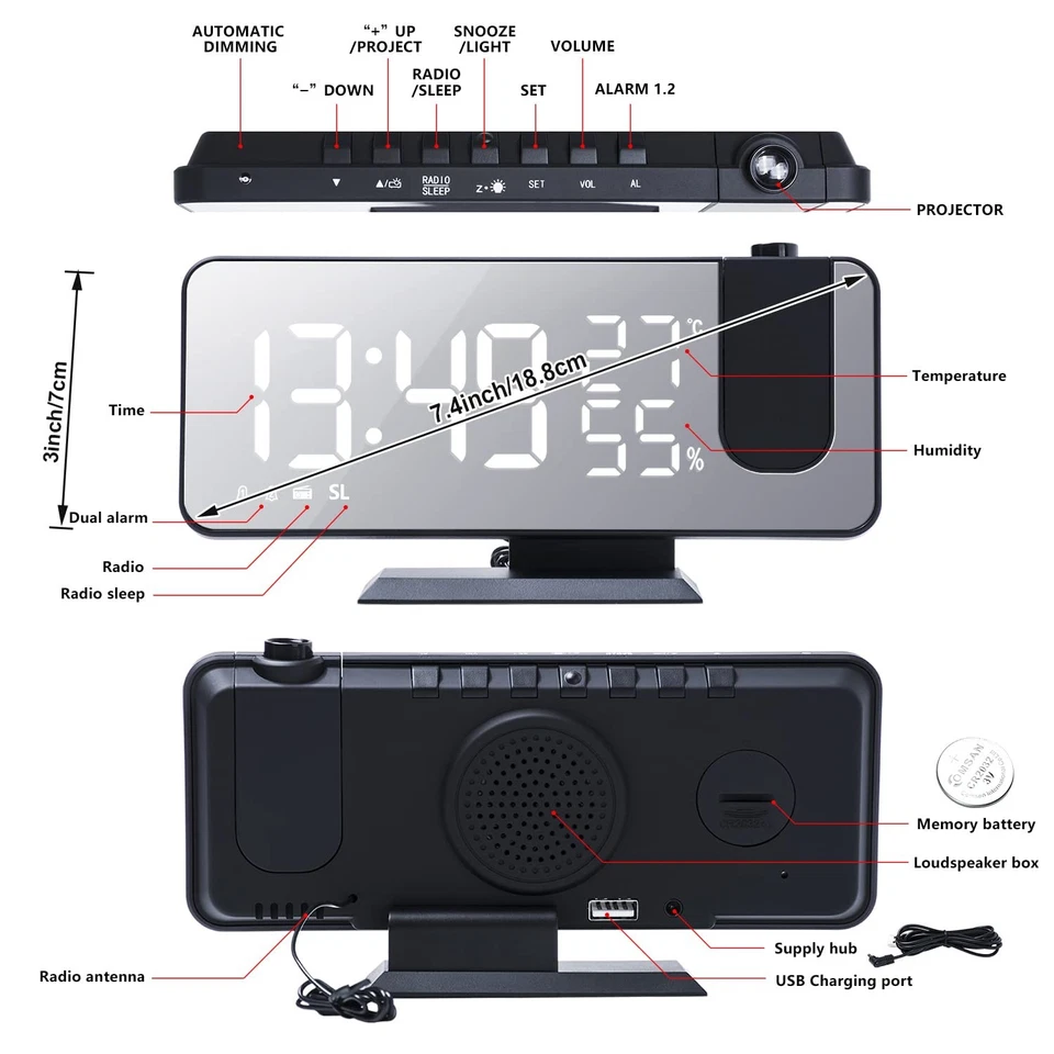 Projection Digital Alarm Clock for Bedrooms, Radio Alarm Clock on Ceiling, USB - Image 4 of 4