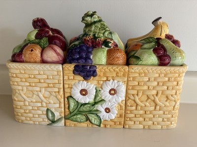 Gourmet HomeAccents Kitschy Kitchen Canister Jar Set Fruits Berries In Basket