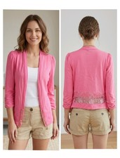 Pink Open Front Shrug Lace Panel Lightweight Layering Jacket Top NWT