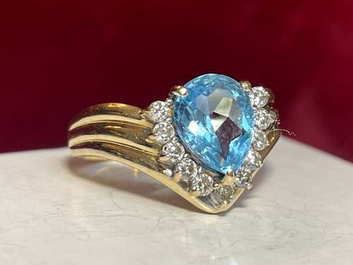 14K GOLD BLUE TOPAZ & DIAMOND RING NATURAL GEMSTONE SIGNED - Picture 15 of 16