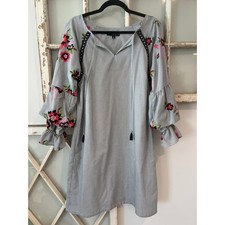 Sangria size 12 floral embroidered puff ruffled sleeve striped boho shift dress