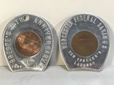 2 Encased Lincoln Pennies Bresee's& Worchester Federal Bank Look Great Free Ship
