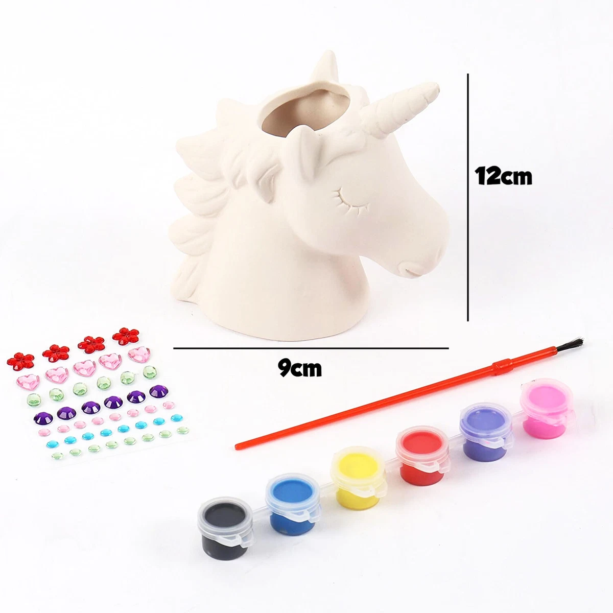 Unicorn Pen Pencil Holder 1 Pottery unicorn 6 Paints 1 paint brush sticky sheet