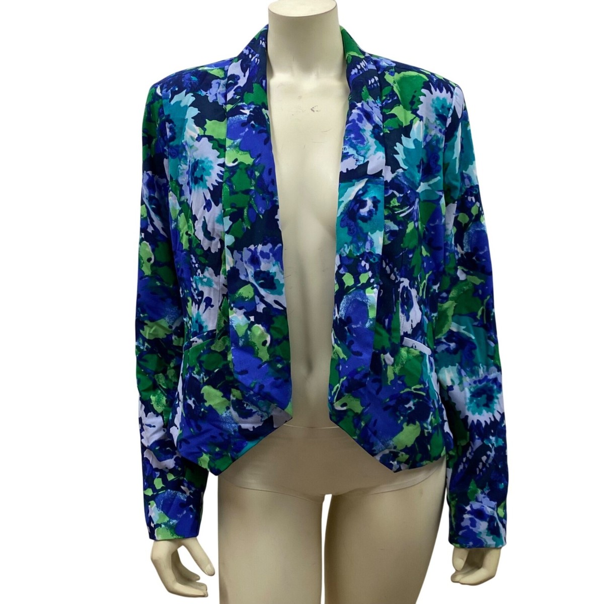 New York & Company Womens Floral Blazer Jacket Blue Green