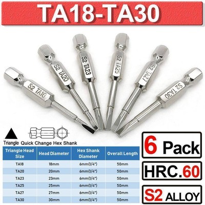 6Pcs Magnetic Triangle Head Screwdriver Bits S2 Steel 1/4'' Hex Shank Alloy 50mm
