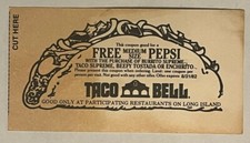 Cupón y pegatina Taco Bell Pepsi vintage 1982 Long Island Nueva York