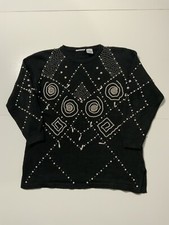 Vintage Pearl Beaded Black Knit Dangle Jeweled Pullover Crewneck Sweater Sz. M