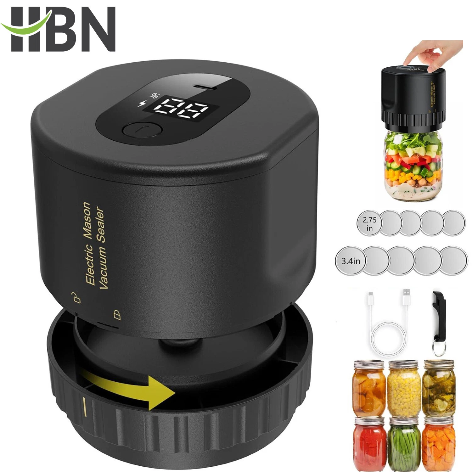 HBN Electric Mason Jar Vacuum Sealer w/ 10 Pack Lids For Various Mouth Black