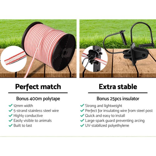 Giantz Fence Energiser 5KM Solar Powered Electric 400M Poly Tape Insulator - Picture 5 of 6