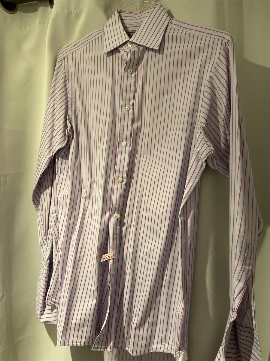 ウェア Thomas Thomas Pink 100% cotton gray/red/yellow striped men's dress shirt