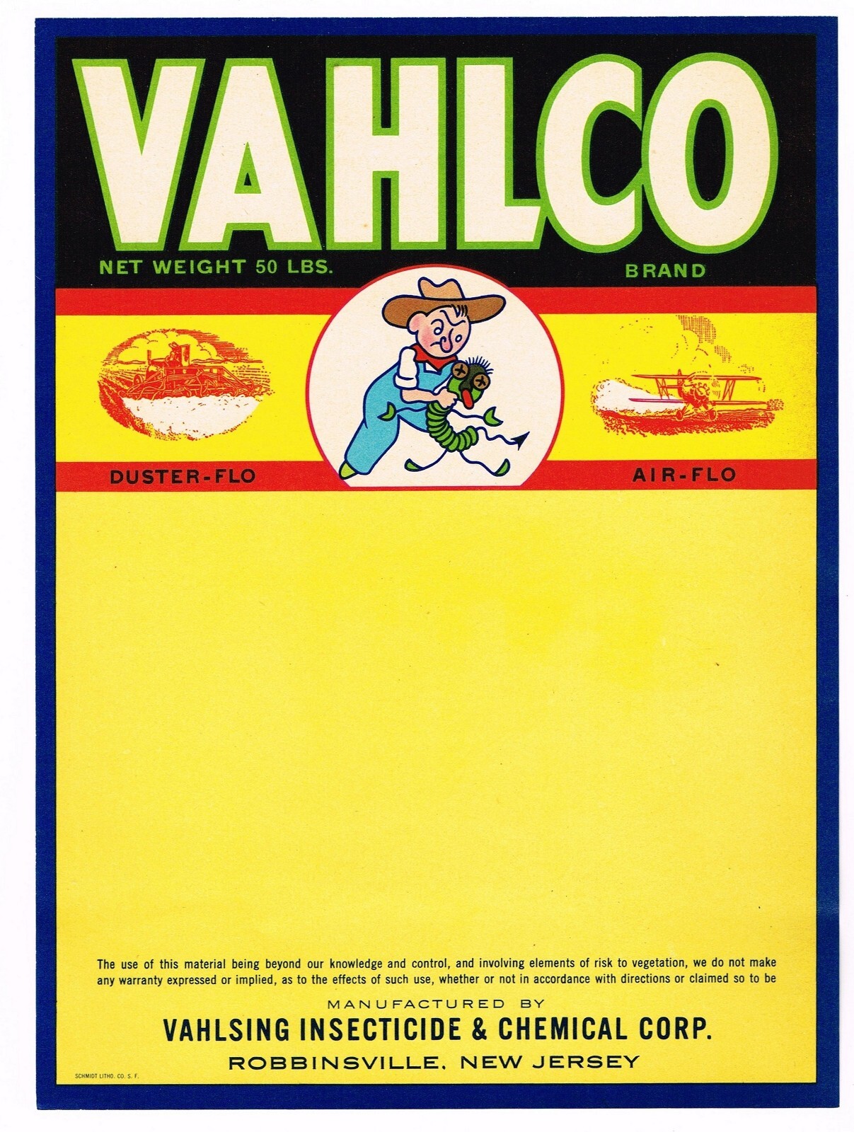 CRATE LABEL 7X9 1950 ROBBINSVILLE  NEW JERSEY CROP DUSTER AVIATION PESTICIDE