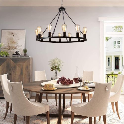 Wagon Wheel Chandelier , Industrial Vintage Round Metal Pendant Light Fixtures - Picture 15 of 28