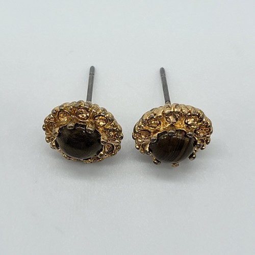 Brown Tigers Eye Cabochon Rhinestone Stud Earrings 0.4" Cute Dainty Classy - Picture 6 of 9