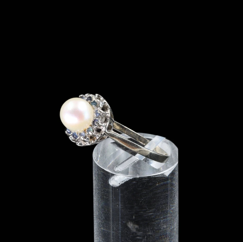 585/- 14 Kt Weißgold Ring mit Perle, Saphir, Ringgröße 61, guter Zustand. - Bild 3 von 4