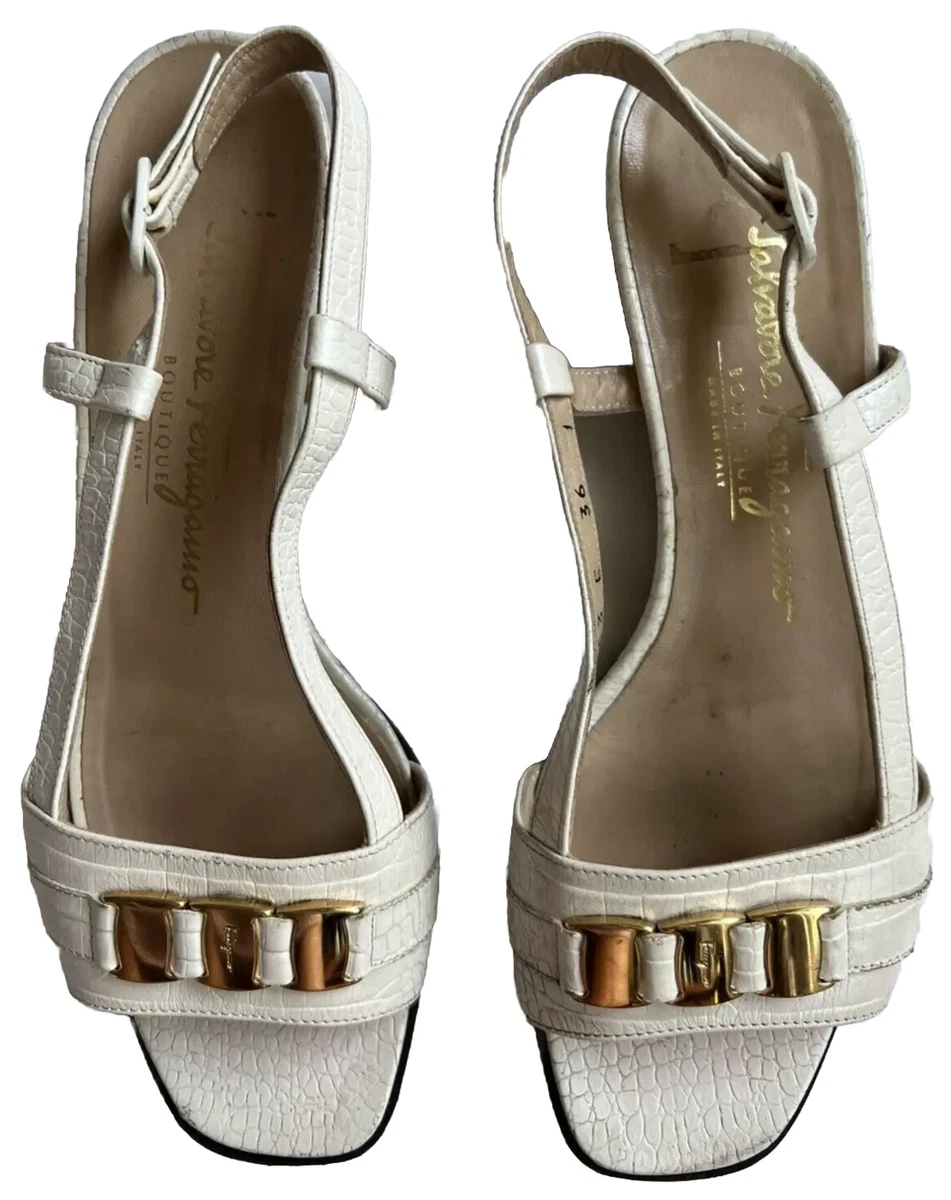 SALVATORE FERRAGAMO Shoes 7 White Crock Leather Gold Buckle Slingback Sandals